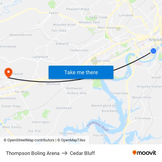 Thompson Boling Arena to Cedar Bluff map