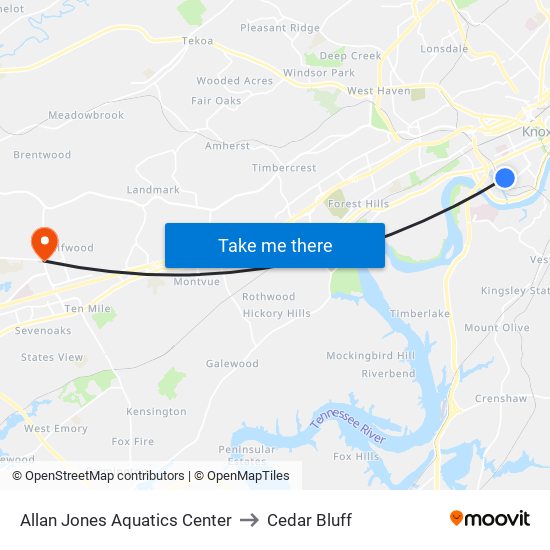 Allan Jones Aquatics Center to Cedar Bluff map