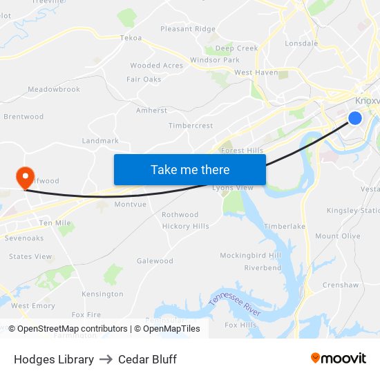 Hodges Library to Cedar Bluff map