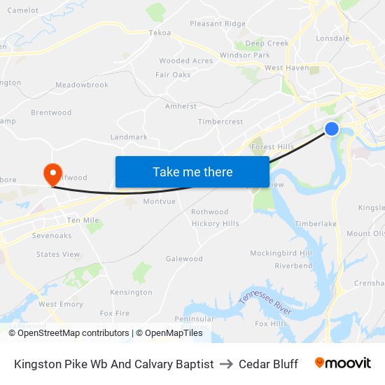 Kingston Pike Wb And Calvary Baptist to Cedar Bluff map