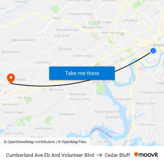 Cumberland Ave Eb And Volunteer Blvd to Cedar Bluff map