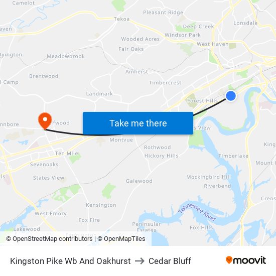 Kingston Pike Wb And Oakhurst to Cedar Bluff map