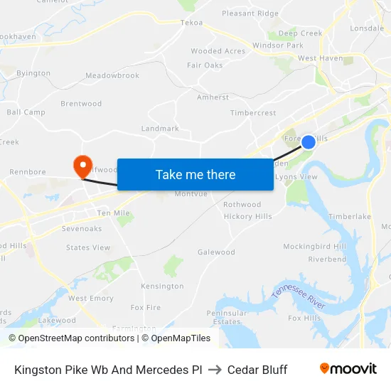 Kingston Pike Wb And Mercedes Pl to Cedar Bluff map