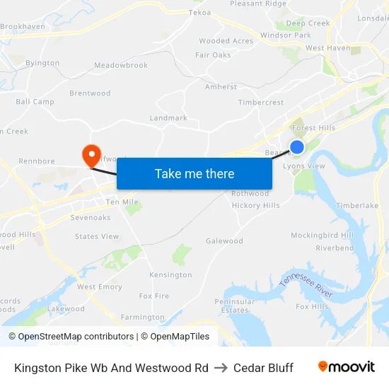 Kingston Pike Wb And Westwood Rd to Cedar Bluff map