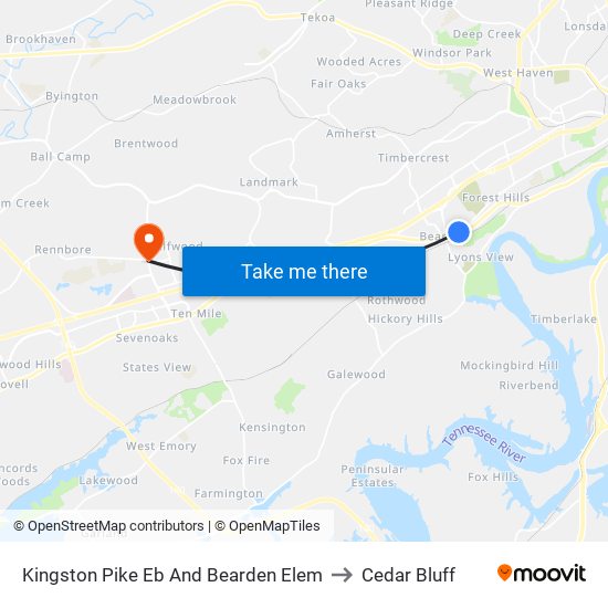 Kingston Pike Eb And Bearden Elem to Cedar Bluff map