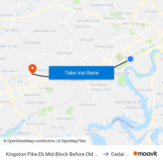 Kingston Pike Eb Mid-Block Before Old Kingston Pike to Cedar Bluff map