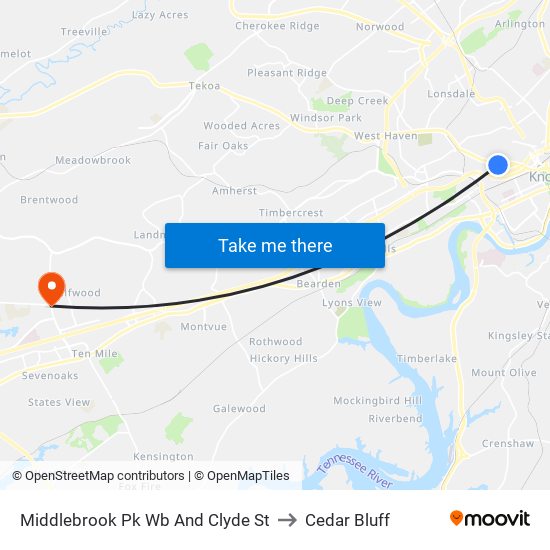 Middlebrook Pk Wb And Clyde St to Cedar Bluff map