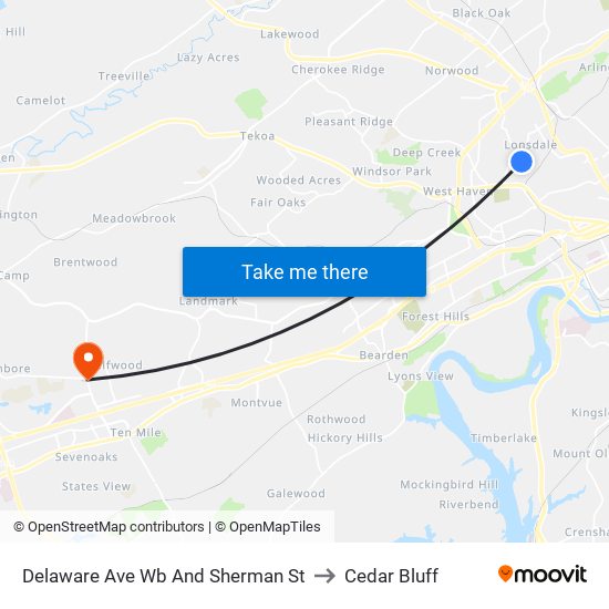 Delaware Ave Wb And Sherman St to Cedar Bluff map