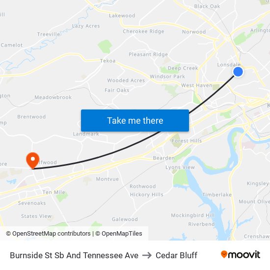 Burnside St Sb And Tennessee Ave to Cedar Bluff map