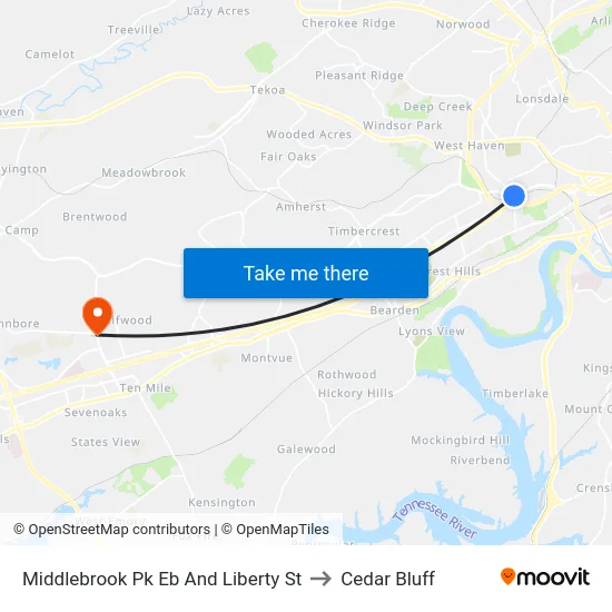 Middlebrook Pk Eb And Liberty St to Cedar Bluff map