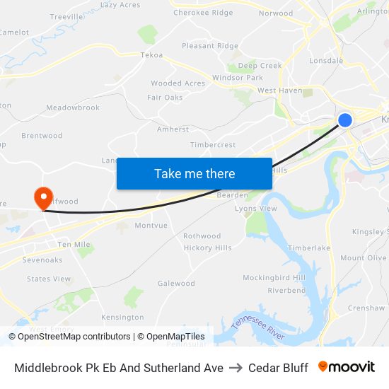 Middlebrook Pk Eb And Sutherland Ave to Cedar Bluff map