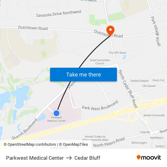 Parkwest Medical Center to Cedar Bluff map