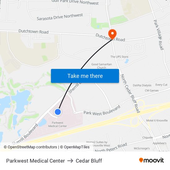 Parkwest Medical Center to Cedar Bluff map