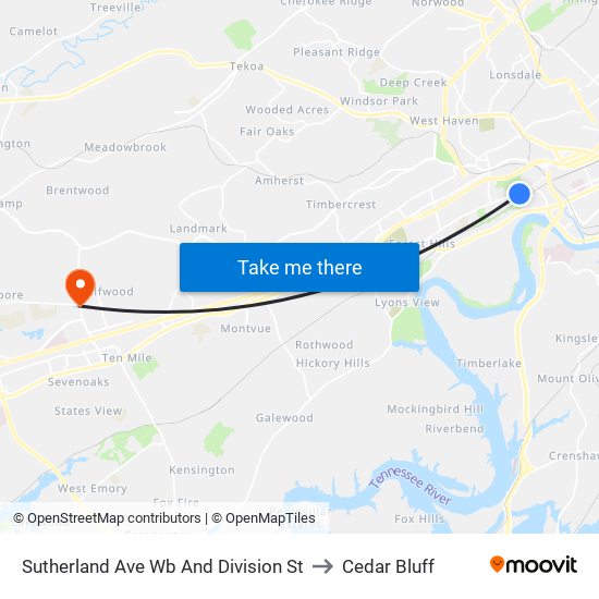 Sutherland Ave Wb And Division St to Cedar Bluff map