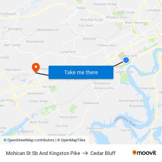 Mohican St Sb And Kingston Pike to Cedar Bluff map