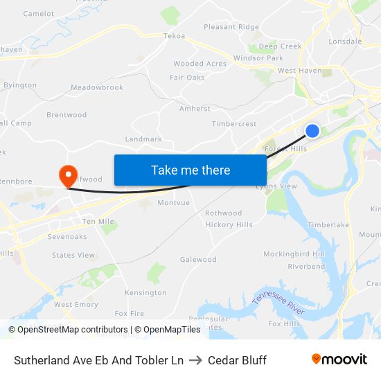 Sutherland Ave Eb And Tobler Ln to Cedar Bluff map