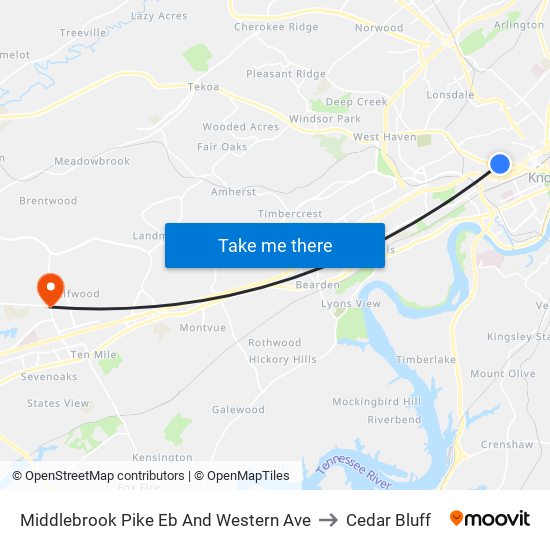 Middlebrook Pike Eb And Western Ave to Cedar Bluff map