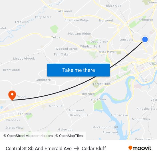 Central St Sb And Emerald Ave to Cedar Bluff map