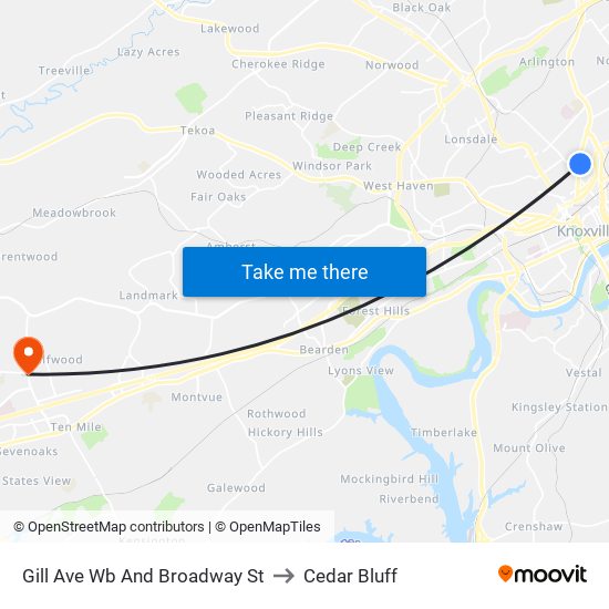 Gill Ave Wb And Broadway St to Cedar Bluff map