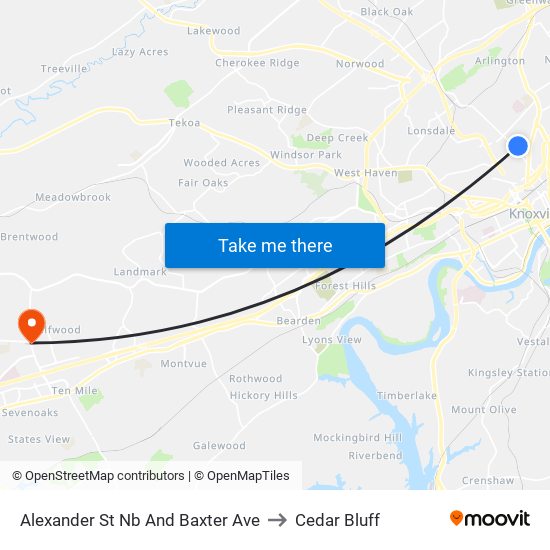 Alexander St Nb And Baxter Ave to Cedar Bluff map