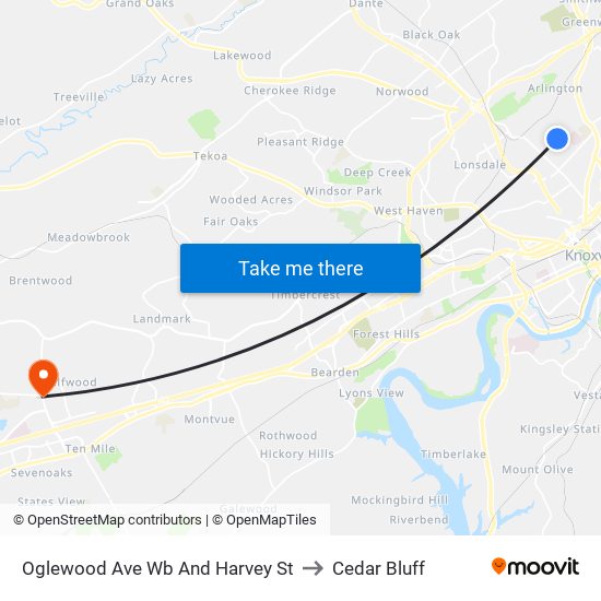 Oglewood Ave Wb And Harvey St to Cedar Bluff map