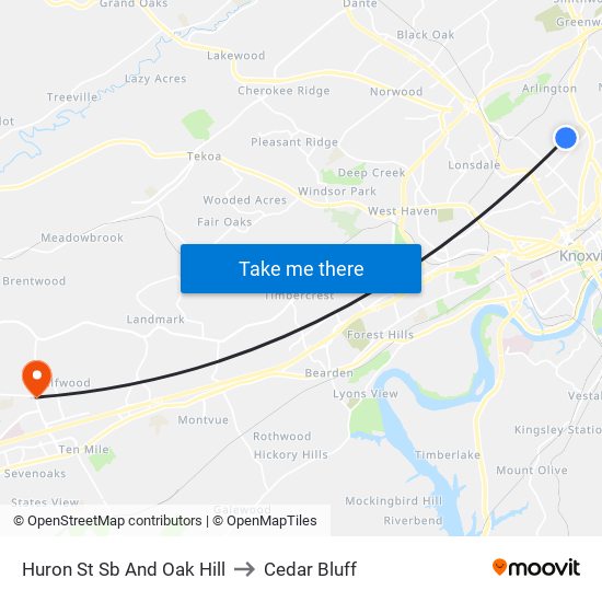 Huron St Sb And Oak Hill to Cedar Bluff map