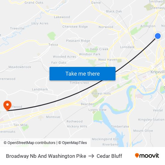 Broadway Nb And Washington Pike to Cedar Bluff map