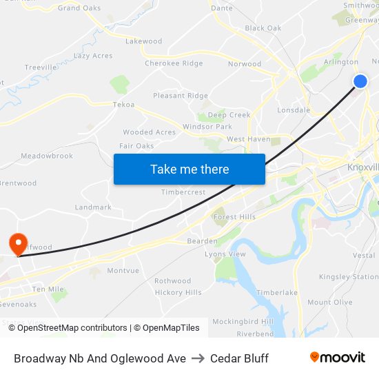 Broadway Nb And Oglewood Ave to Cedar Bluff map