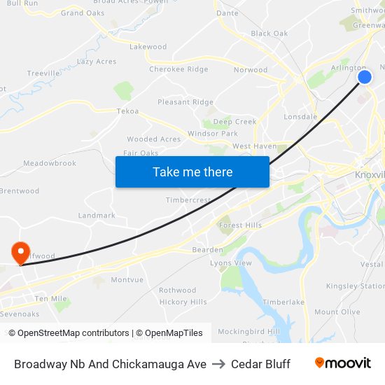 Broadway Nb And Chickamauga Ave to Cedar Bluff map