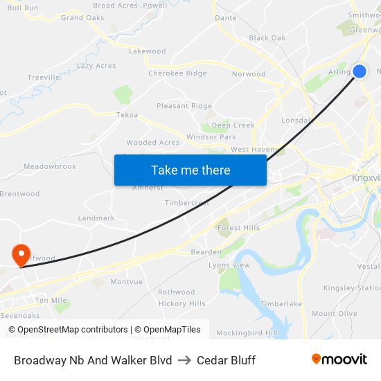 Broadway Nb And Walker Blvd to Cedar Bluff map