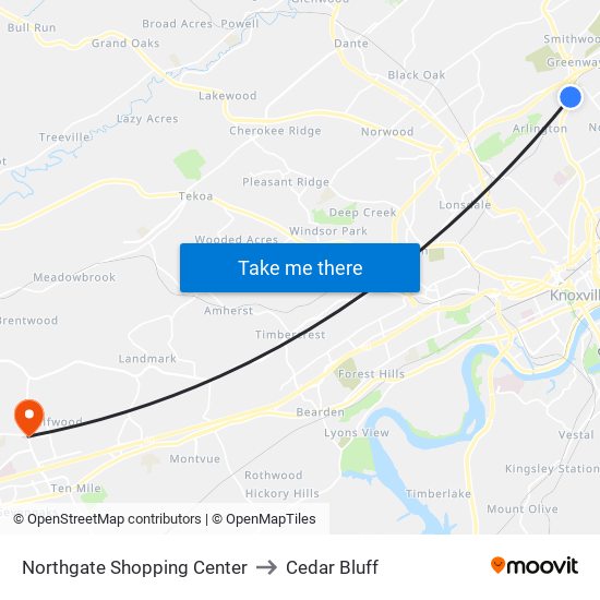 Northgate Shopping Center to Cedar Bluff map