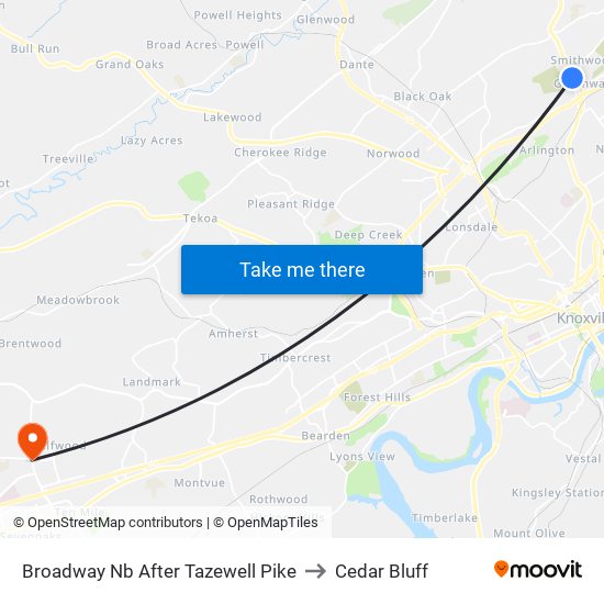 Broadway Nb After Tazewell Pike to Cedar Bluff map