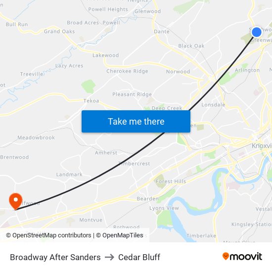 Broadway After Sanders to Cedar Bluff map