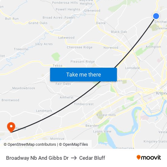 Broadway Nb And Gibbs Dr to Cedar Bluff map