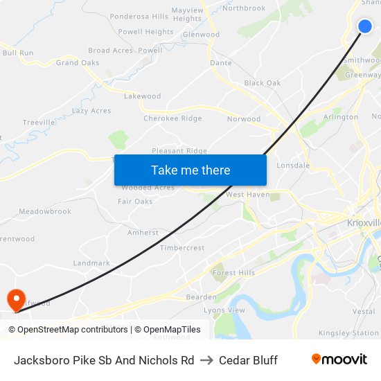 Jacksboro Pike Sb And Nichols Rd to Cedar Bluff map