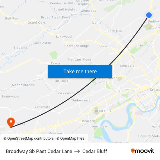 Broadway Sb Past Cedar Lane to Cedar Bluff map