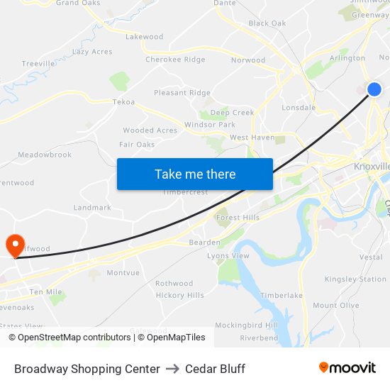 Broadway Shopping Center to Cedar Bluff map