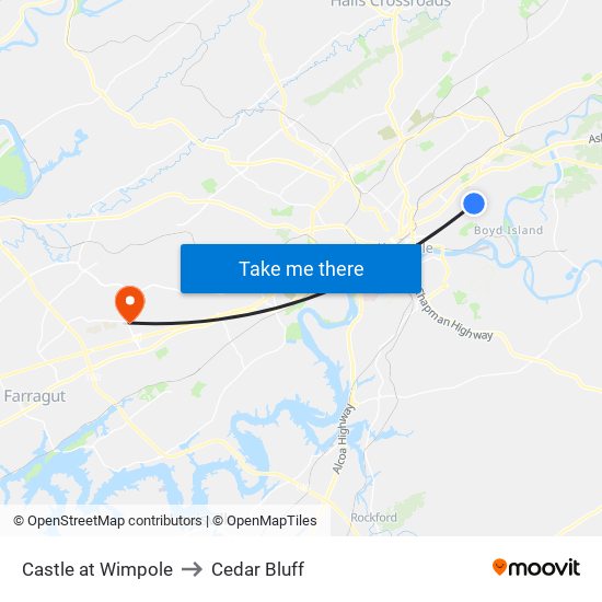 Castle at Wimpole to Cedar Bluff map