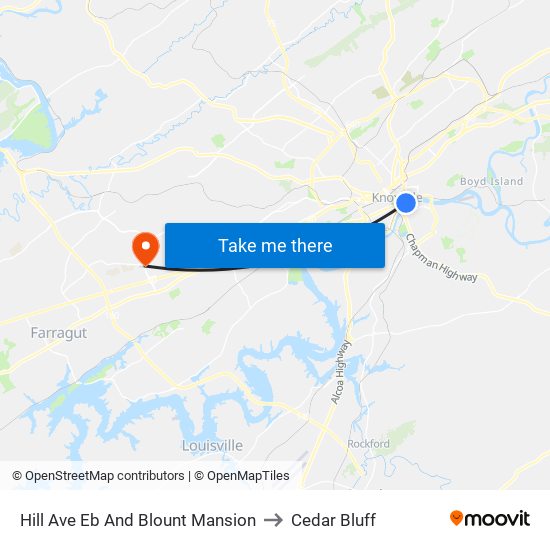 Hill Ave Eb And Blount Mansion to Cedar Bluff map