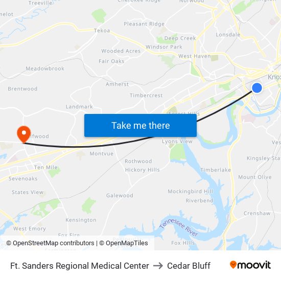 Ft. Sanders Regional Medical Center to Cedar Bluff map