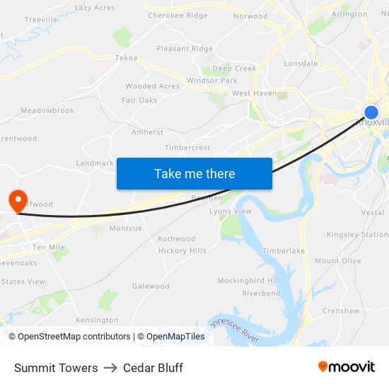 Summit Towers to Cedar Bluff map