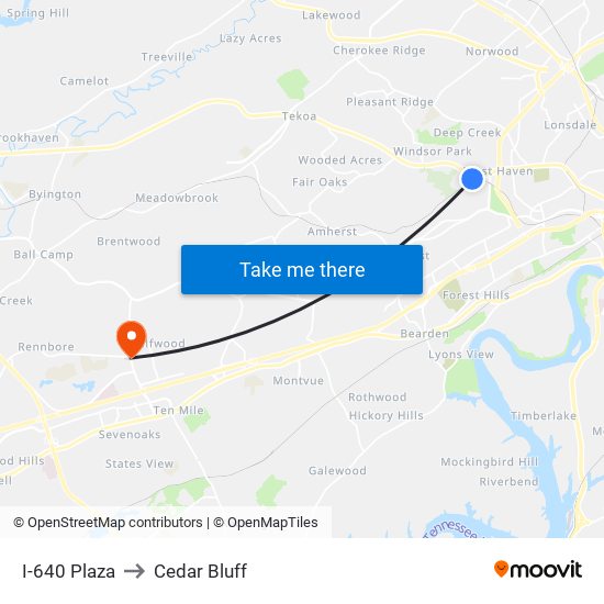 I-640 Plaza to Cedar Bluff map