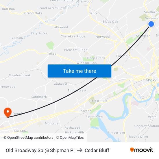 Old Broadway Sb @ Shipman Pl to Cedar Bluff map