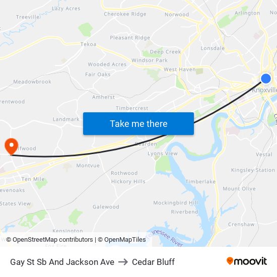 Gay St Sb And Jackson Ave to Cedar Bluff map