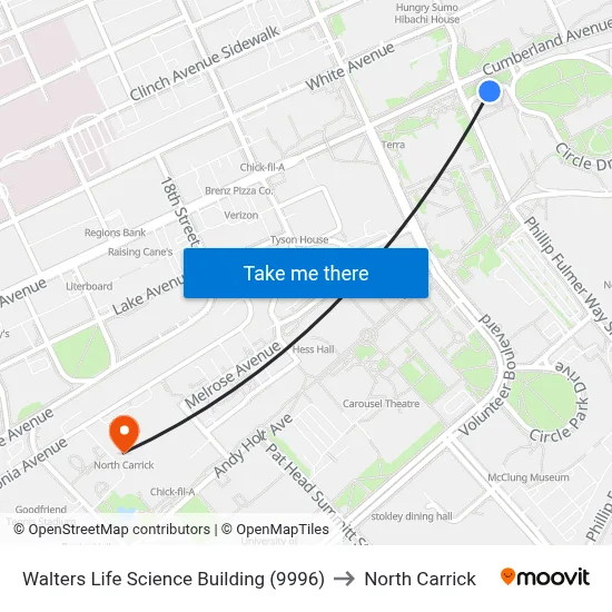 Walters Life Science Building (9996) to North Carrick map