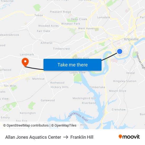 Allan Jones Aquatics Center to Franklin Hill map