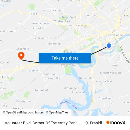 Volunteer Blvd, Corner Of Fraternity Park Drive W (Eastbound) to Franklin Hill map