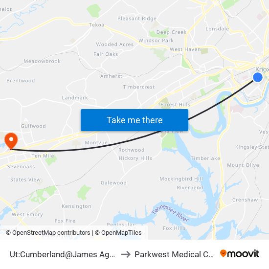 Ut:Cumberland@James Agee Wb to Parkwest Medical Center map