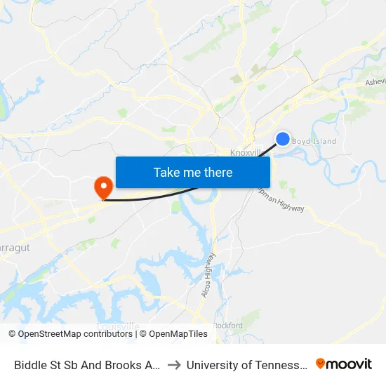Biddle St Sb And Brooks Ave to University of Tennessee map