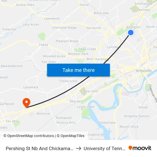 Pershing St Nb And Chickamauga Ave to University of Tennessee map